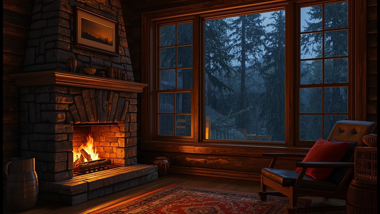 Cozy Cabin Fireplace & Rain 🪵🌧️ 暖炉と雨の音 | Relaxing Ambient for Deep Sleep & Study (3 Hours)