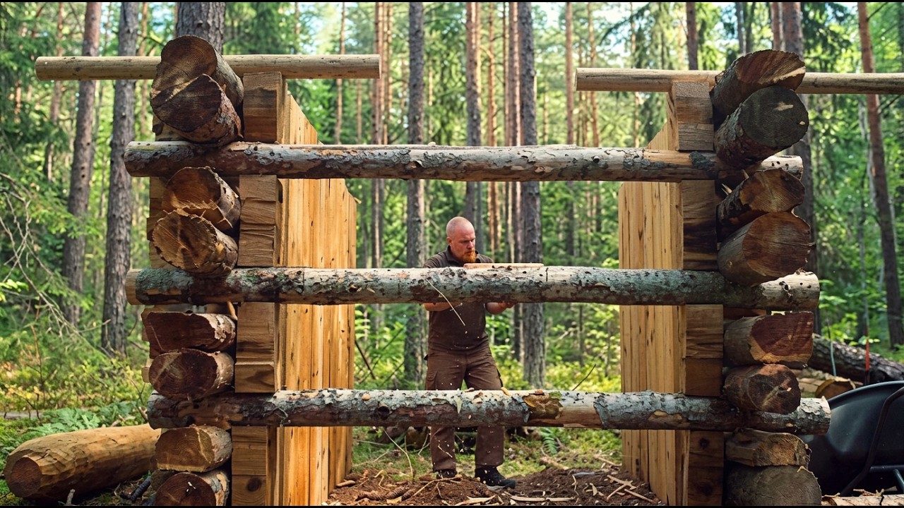 Мужчина Строит Сруб в Диком Лесу за 6 Месяцев от @bushcraftoutdooradventures3135