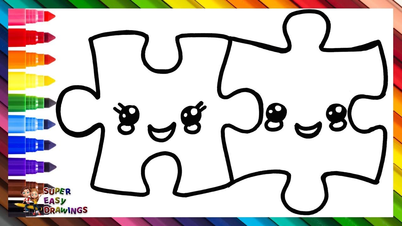 Draw and Color 2 Cute Puzzle Pieces 🧩❤️🧩🌈 Drawings for Kids