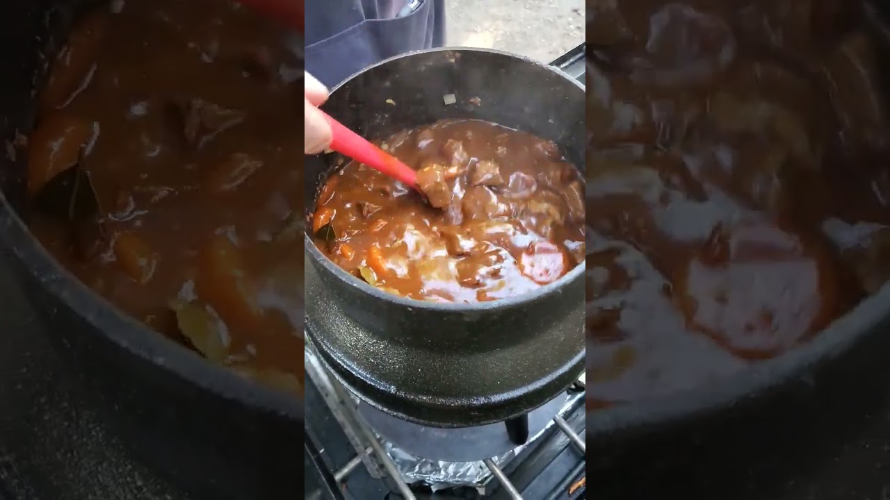Guinness stew in cauldron
