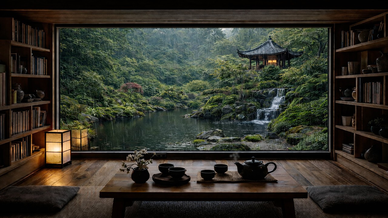 Japanese Tea Room Rain Ambience 🌧️ | Waterfall & Zen Garden View for Sleep, Study & Relax (4K)