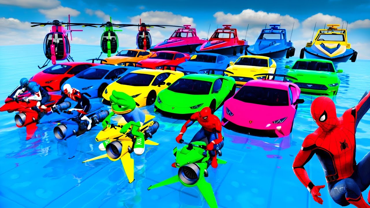 GTA V Superheroes Crazy Race Challenge with Super Cars | GTA 5 Spiderman Car Stunt Race