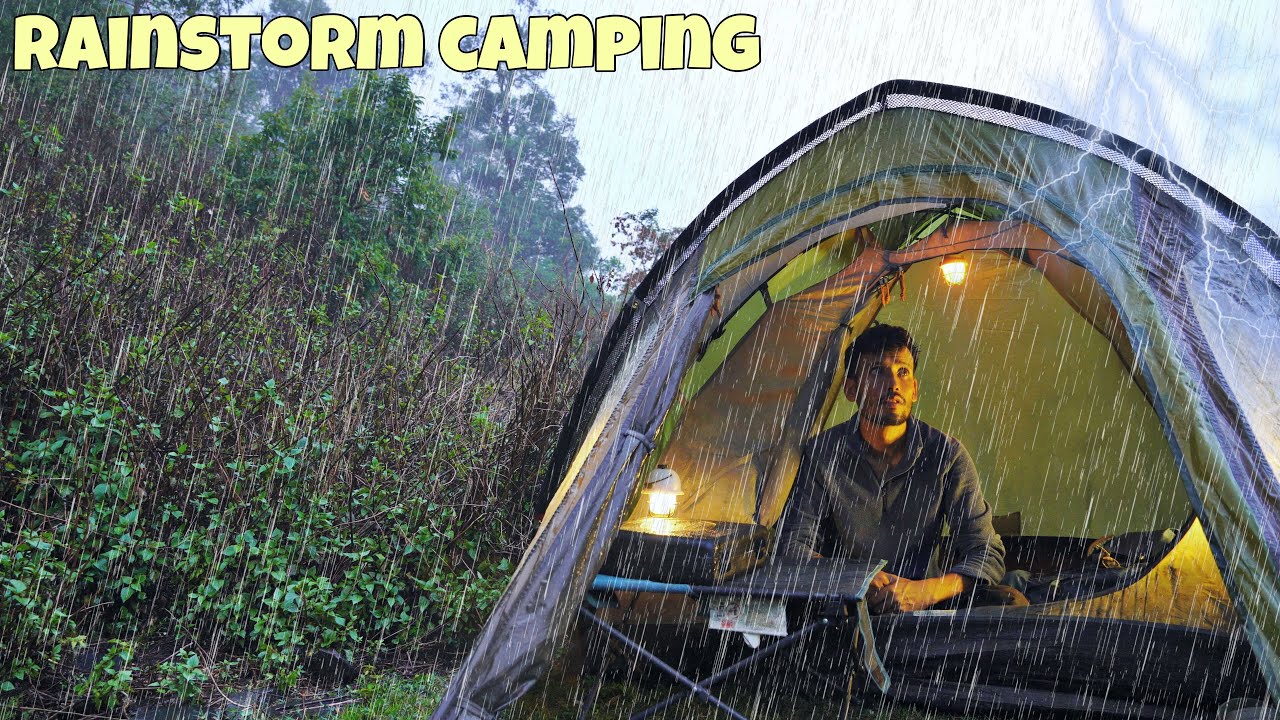 Solo Camping In Heavy Rain & Lightning Thunderstorm: Extreme Weather Camping | Tejas Camping