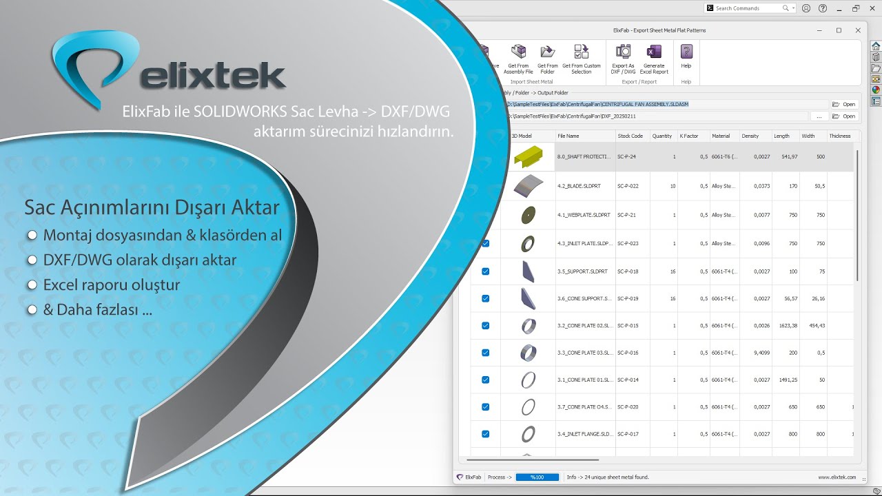 Sac Levha Açınımlarını SOLIDWORKS'te DXF/DWG Olarak Dışa Aktarın