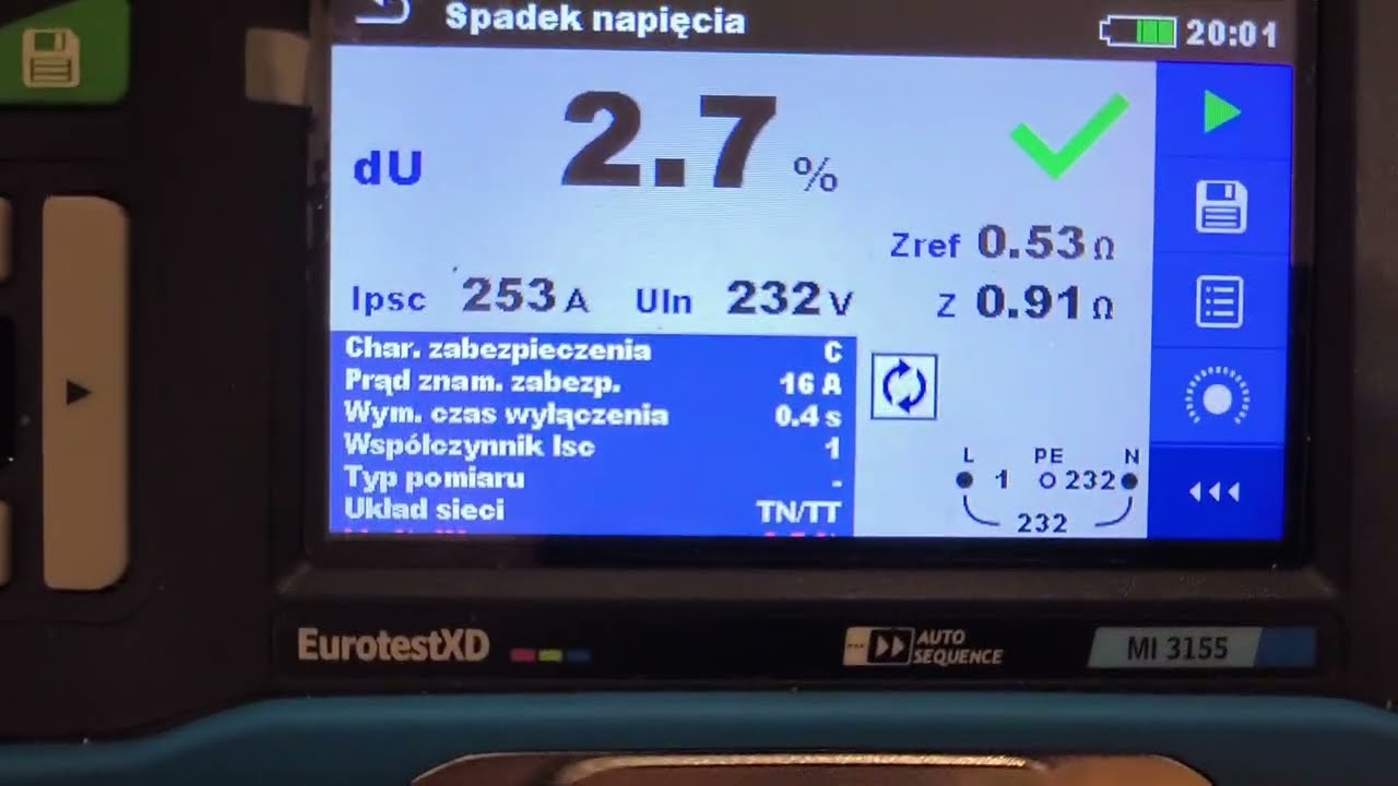 Metrel MI3155 Pomiar spadku napięcia.
