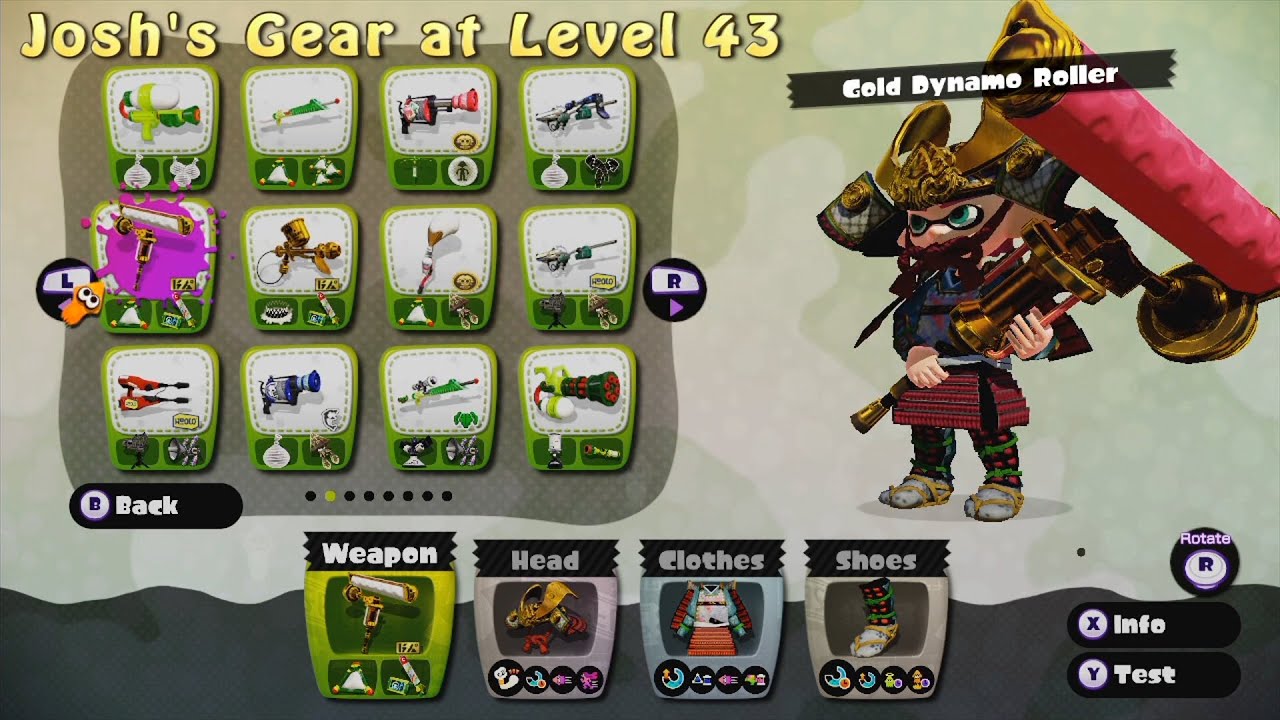 All Splatoon Gear at Level 43 (Weapon, Head, Clothes, Shoes)
