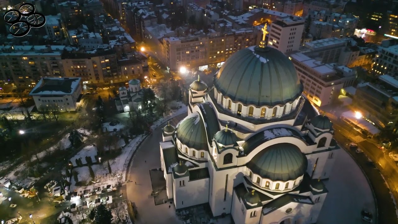 4K video - Hram Svetog Save iz vazduha u sumrak  (Saint Sava Church aerial video at sunset) 4K