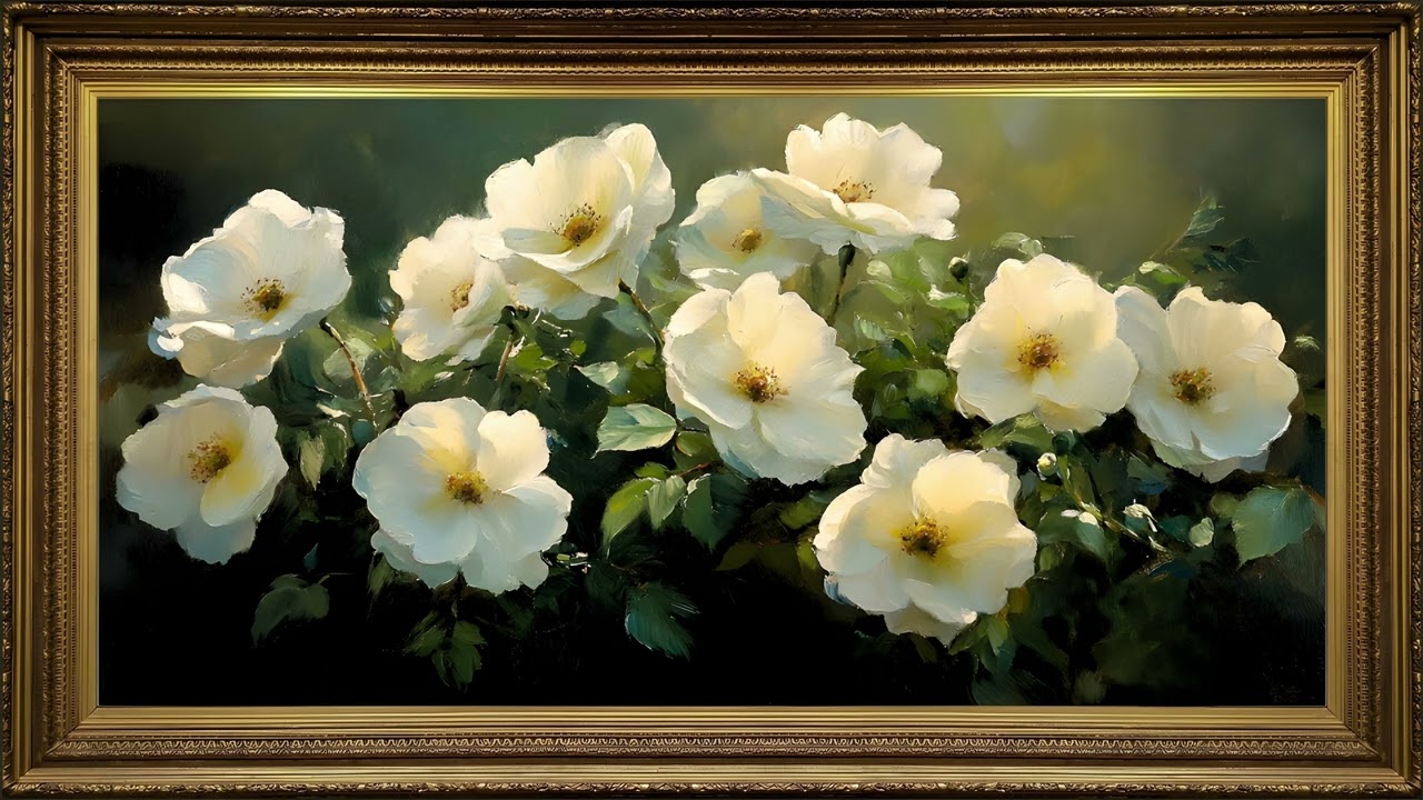 White Wild Roses Garden, Vintage Oil Painting | Golden Framed Art TV Screensaver