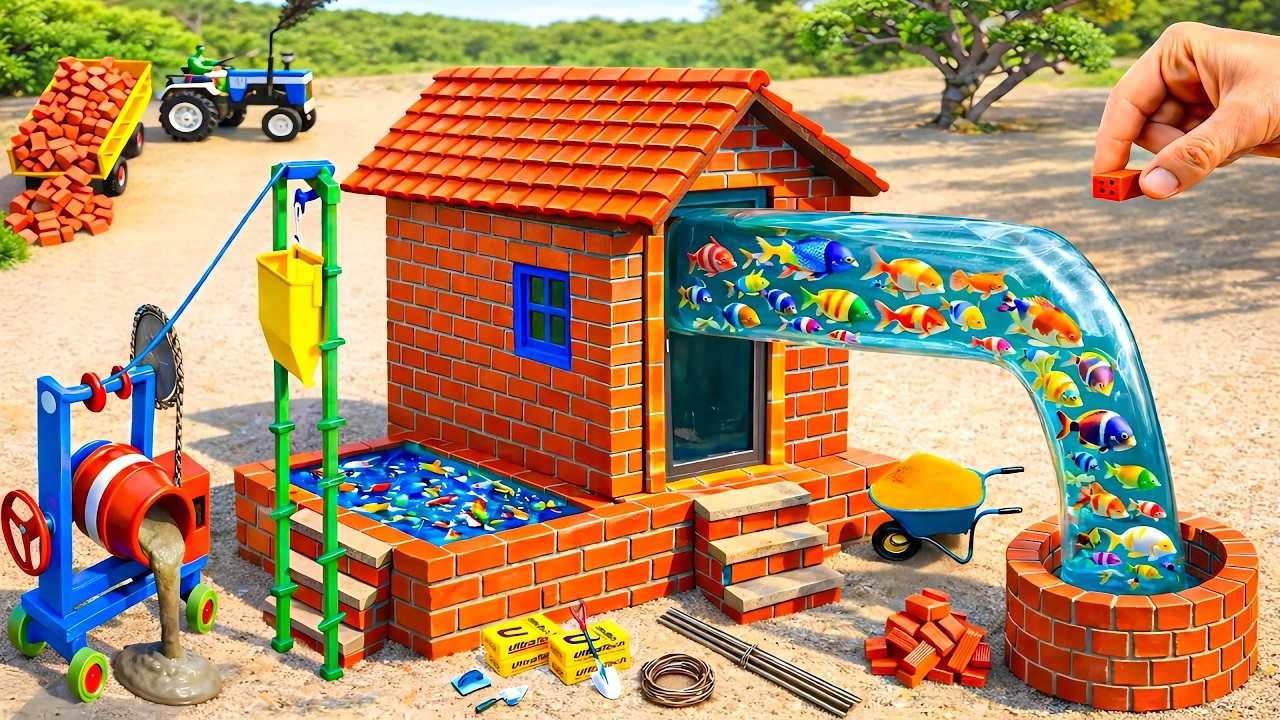 DIY Construction Science Project - Building a Modern Fish House and Water Well with Brick and Cement