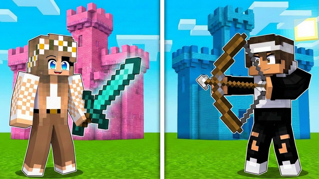 تحدي بين مقاتل القلعة الزرقاء ضد مقاتل القلعة الوردي في لعبة ماين كرافت