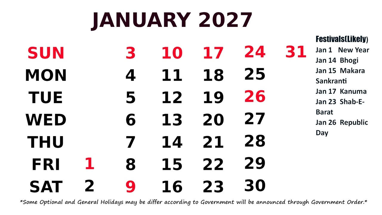 January Calendar 2027