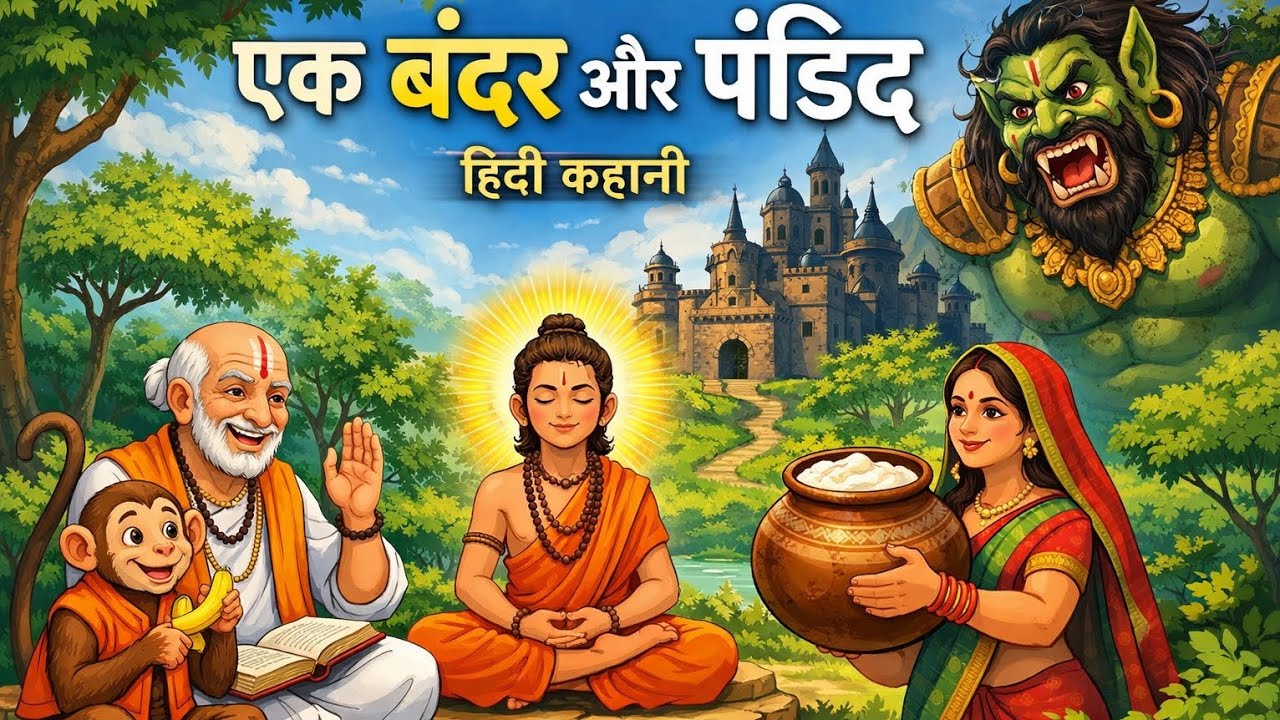 एक बन्दर और पंडित की कहानी।हिंदी कहानी।रोचक कहानी। हास्यास्पद कहानी story @motivationeveryday1356 