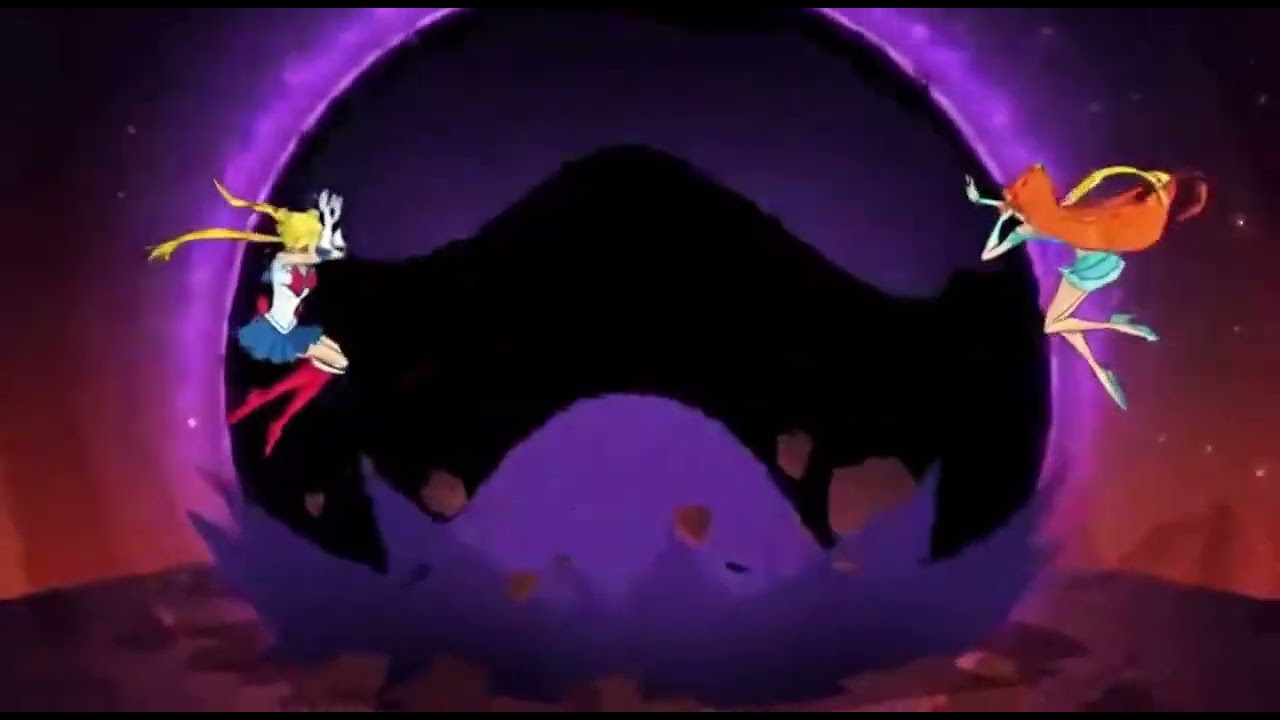Winx Bloom and Sailor Moon fight scene against a monster