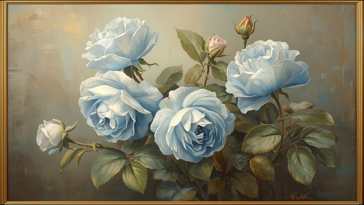 Vintage Pastel Blue Roses Oil Painting | Elegant Gold Frame | Timeless Floral Art| TV Screensaver 4K