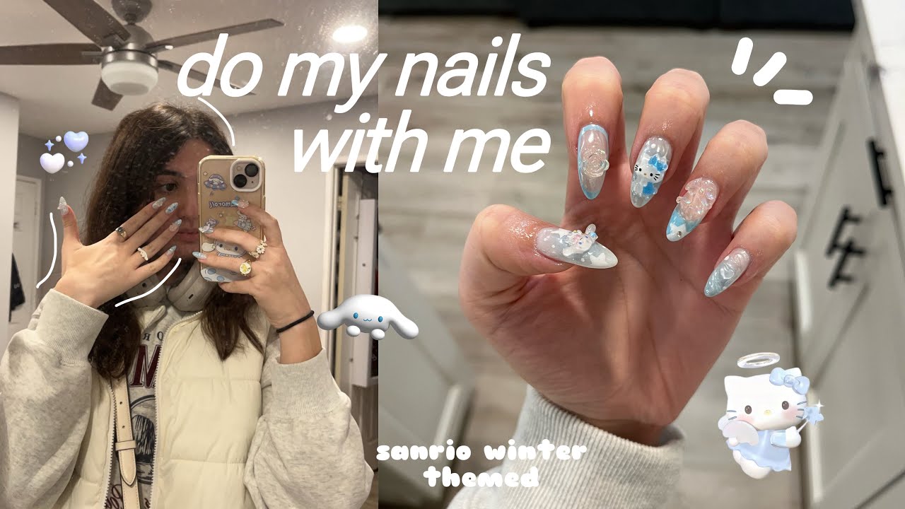 do my nails with me ⋆.ೃ࿔*:･ sanrio winter themed❄️