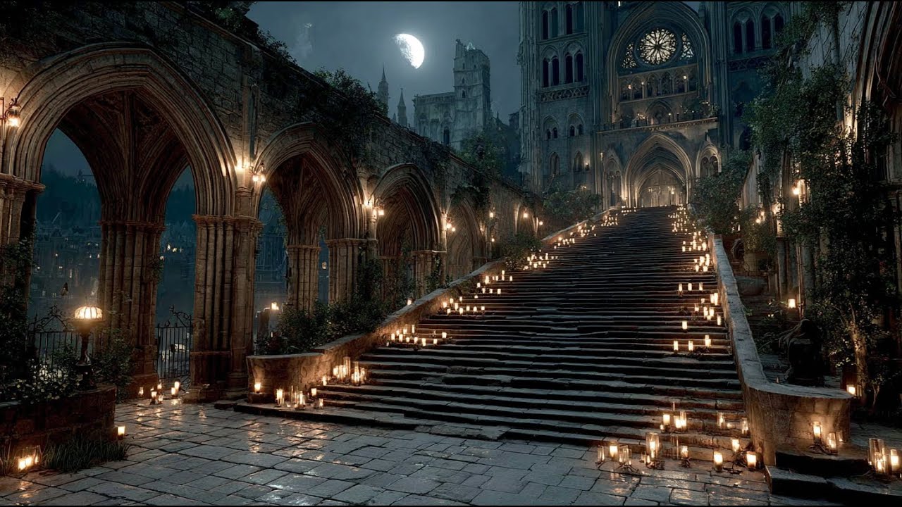 The Crescent Moon over the Candlelit Cloister | Medieval Fantasy Music & Animated Ambience