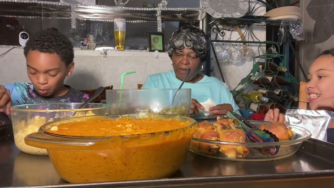 Today we’re eating sweet, potato, fluff, yellow rice, string beans, and baked chicken