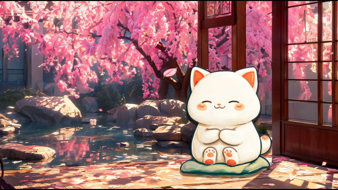 Spring Japanese Garden with Sakura & Cute Cat – Relaxing Music for Deep Sleep, Meditation