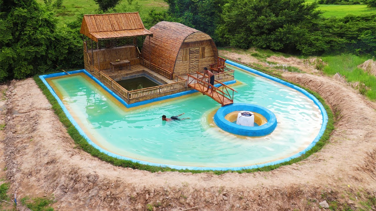200 Days We Build Modern Bamboo Resort House , Fish Pond , Swimming Pool & Fire Pits For Cooking