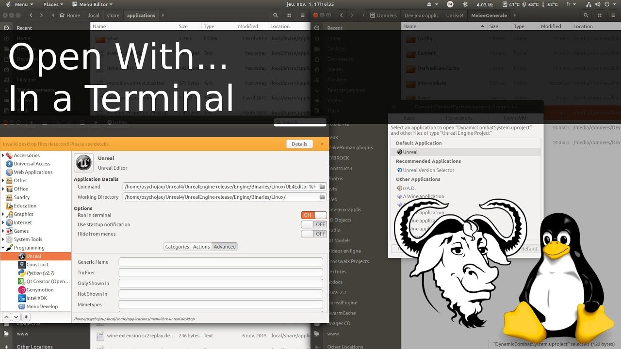 Linux freedesktop Shortcuts and Gnome Open With, output in terminal