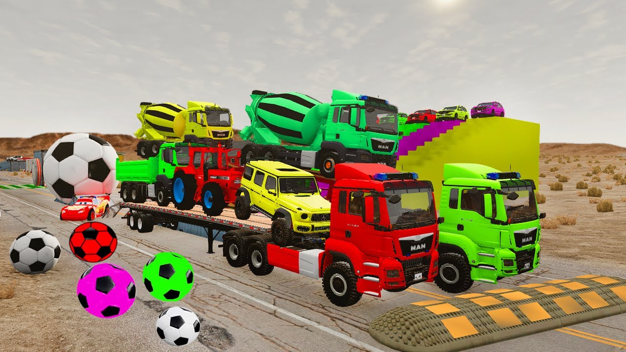 TRANSPORTING PIXAR CARS & FRUITS WITH COLORED & JOHN DEERE vs CLAAS vs TRACTORS - BeamNG.drive #983