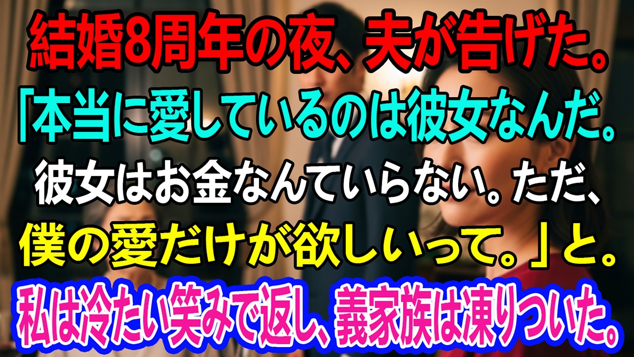 結婚8周年の夜、夫が。「本当に愛しているのは彼女なんだ。彼女はお金なんていらない。ただ、僕の愛だけが欲しいって。」。私は冷たい笑みを浮かべ、一言だけ返した。義家族全員が凍りついた。
