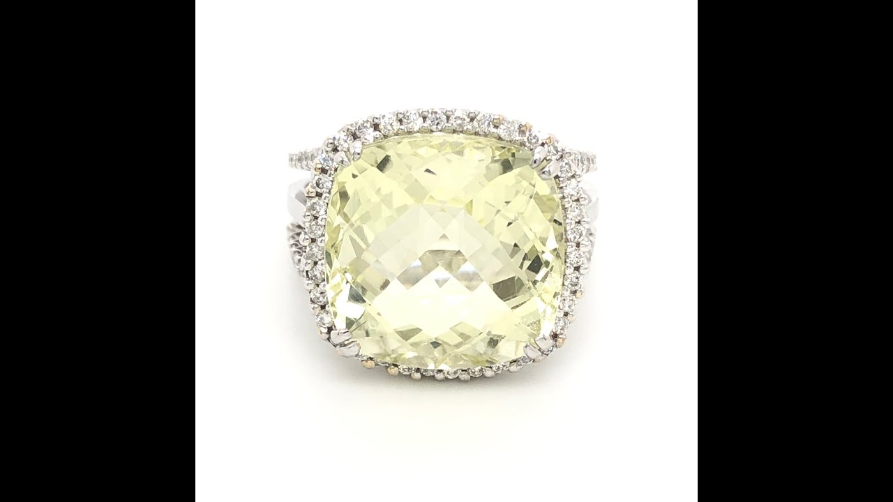11.46ct Cushion Lemon Quartz & Diamonds Ring in 18k White Gold