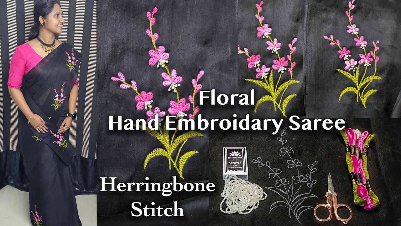 Herringbone| Stem Stitch|Daily Wear SareeWith Beautiful Handembroidary Design #trending #embroidery