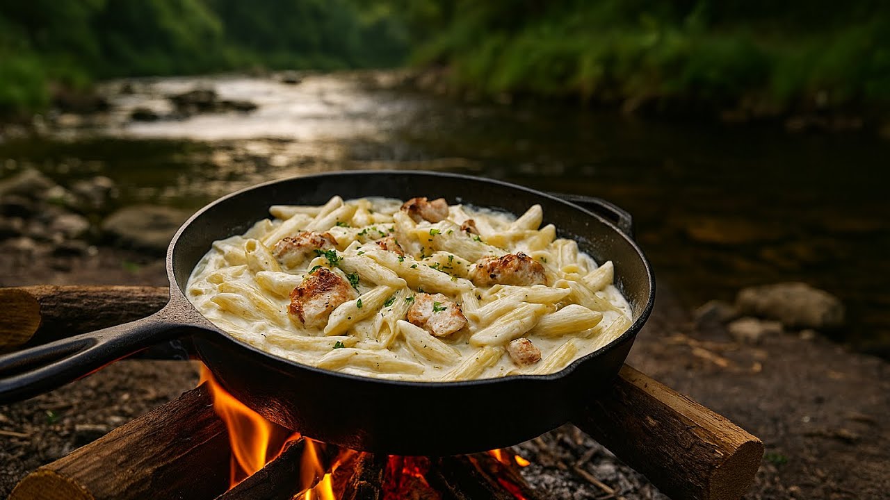 “How to Cook a Special Alfredo Pasta in Nature”🍲🔥🏕️