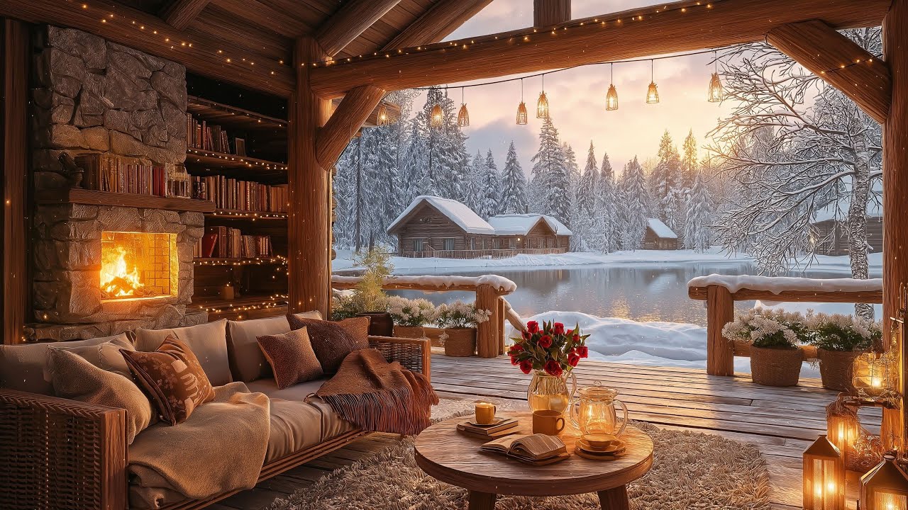 Peaceful Winter Lake Cabin ❄️ Gentle Piano Music & Fireplace Ambience for Focus & Relaxation