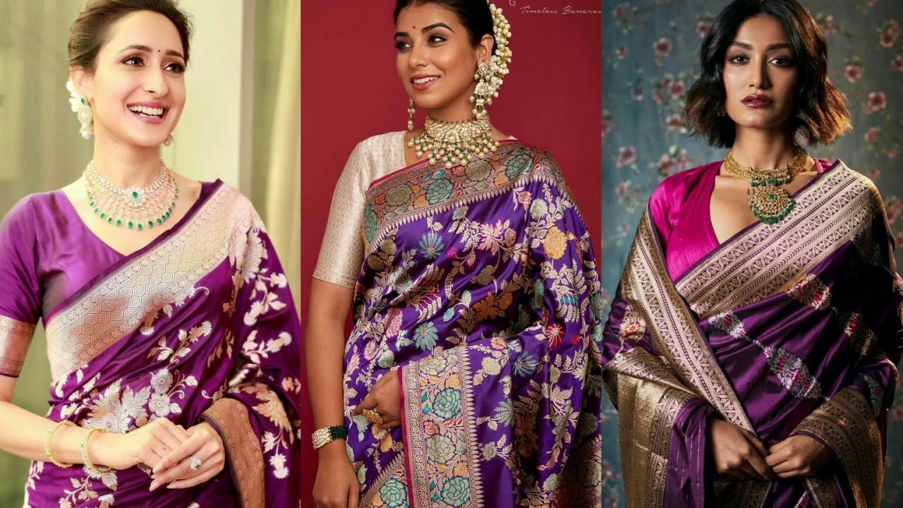 Jewellery ideas with purple banarasi saree || purple Saree With Jewellery Sets || #sareejewellery