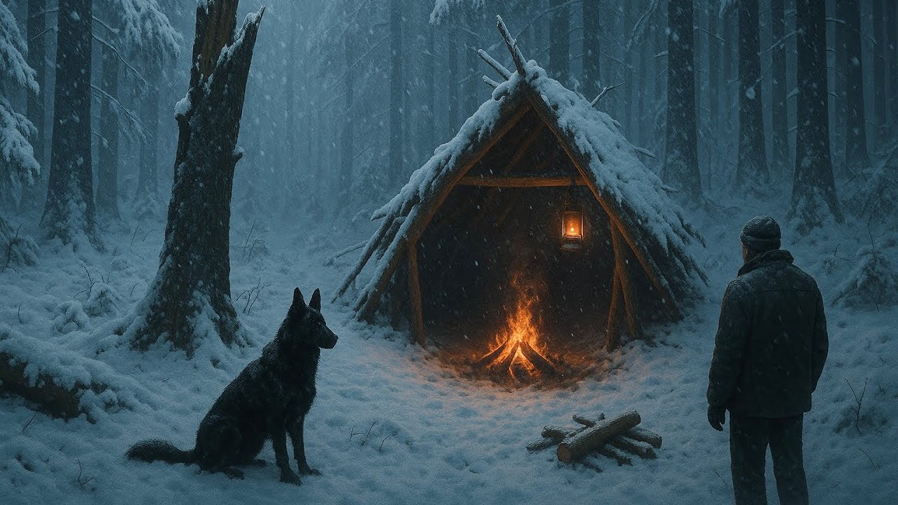 Winter Survival in Wild Woods | Shelter & Bed from Tree Trunks in -15°C Snowstorm