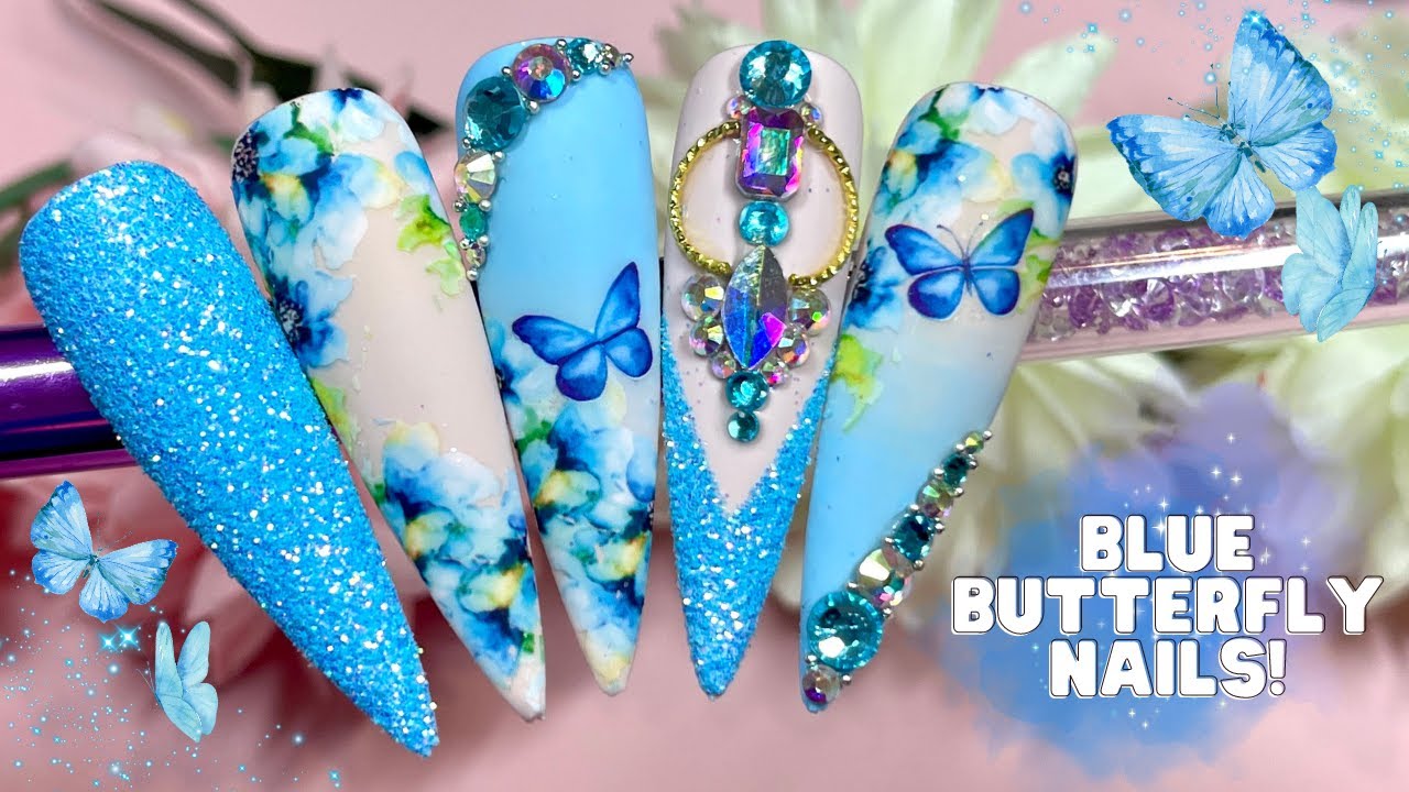 BLUE FLORAL TRANSFER FOIL NAIL DESIGN| BUTTERFLY NAILS| TRANSFER FOIL TUTORIAL| MADAM GLAM