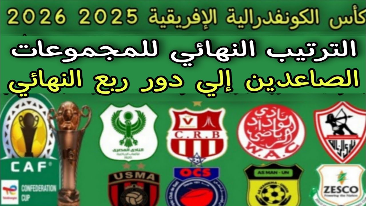 الصاعدين إلي دور ربع النهائي كأس الكونفدرالية الإفريقية 2026 .. الترتيب النهائي للمجموعات 