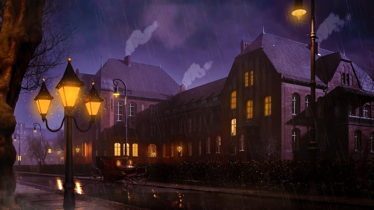 Victorian Era London City Ambience, Relaxing Rain Sounds in Puddles, Distant Thunder, Horses, Bells