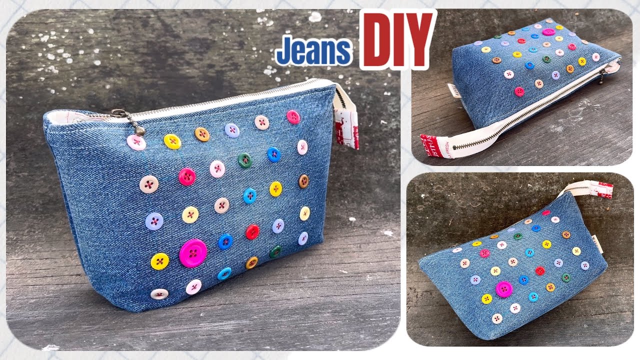 Sewing diy transform jeans scraps into purse bag/cosmetic bag tutorial ,DIY purse bag ,cosmetic bag