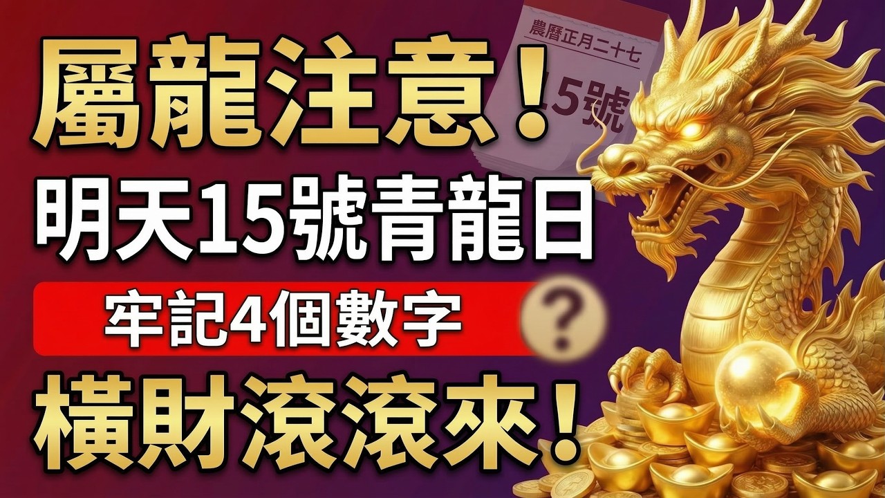 屬龍必看！明天3月15號，農曆正月二十七是「青龍黃道日」，你的偏財旺，這「4個數字」要牢記，助你橫財滾滾來！#生肖龍2026運勢 #2026屬龍運勢 #偏財運 #青龍黃道日 #幸運數字 #招財數字