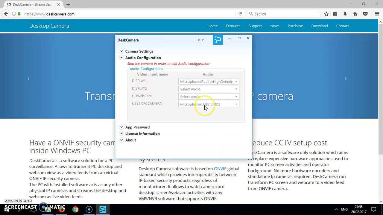 Configure Audio. DeskCamera streams PC desktop and webcam as Onvif.