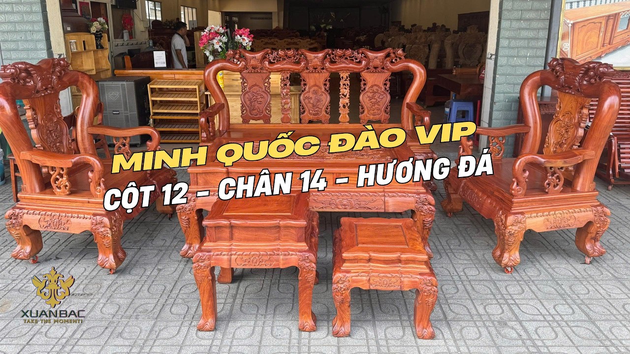 Bộ Bàn Ghế Minh Quốc Đào Cột 12-Chân 14 Hương Đá SIÊU VIP