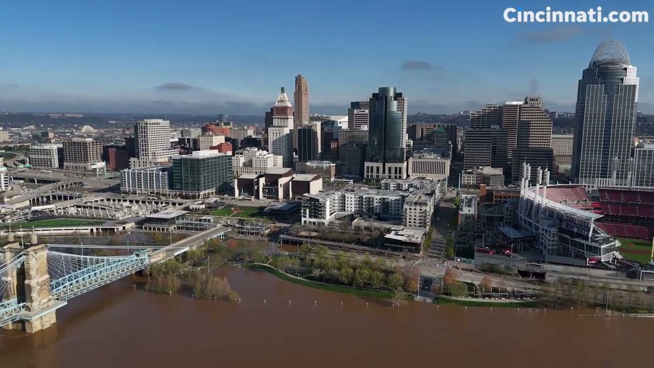 Drone footage captures flooding near Reds, Bengals stadiums and homes in downtown Cincinnati