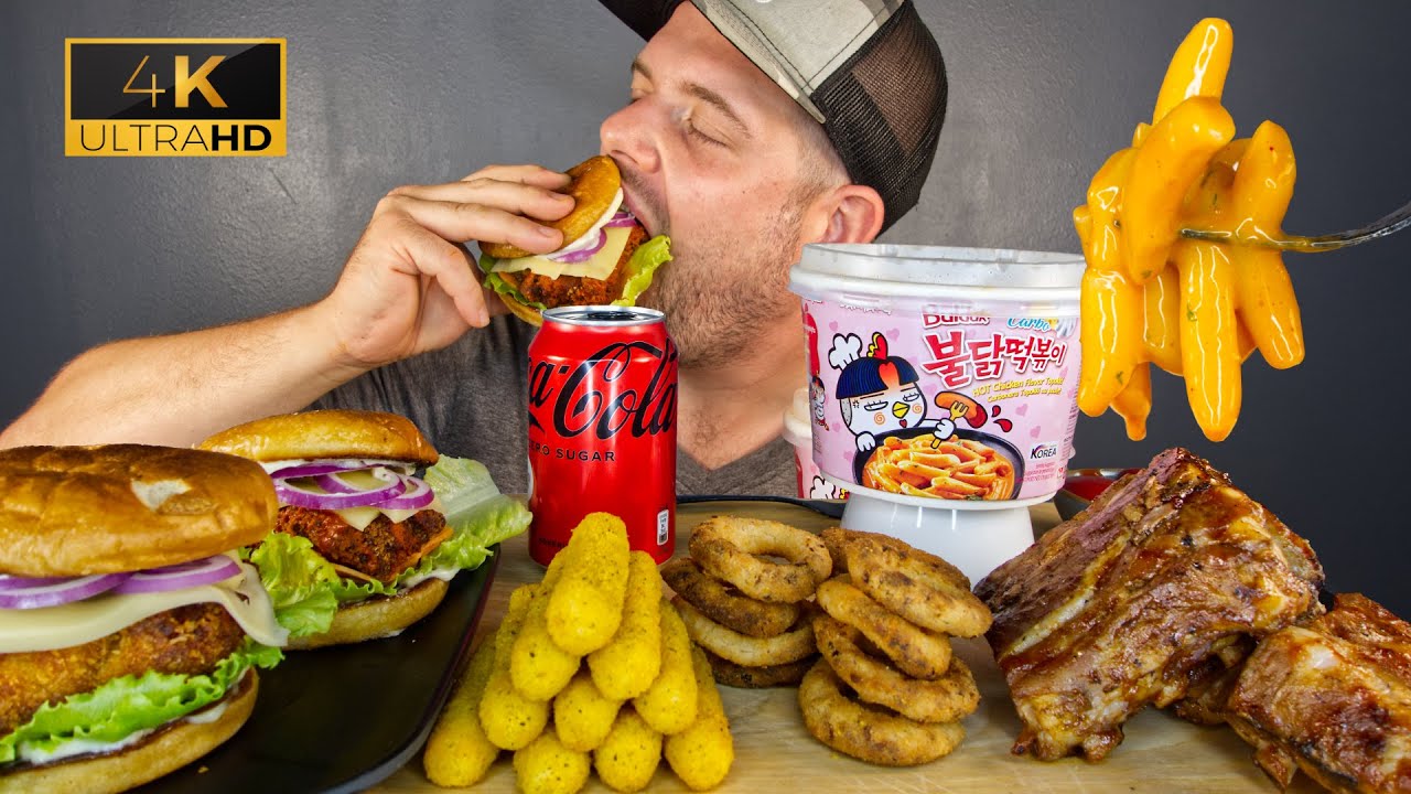 ASMR MUKBANG SPICY CHICKEN BURGERS, TOPOKKI, MOZZARELLA STICKS, RIBS & ONION RINGS | DAVE KAY ASMR