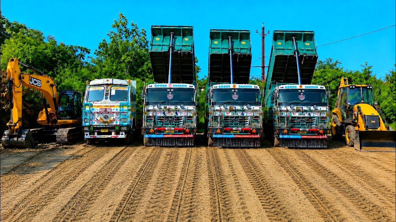 JCB3DX Backhoe Machine Loading Mud in 3 TATA Truck 🚚 With Trolley & Swaraj 855 Tractor with Trolley 