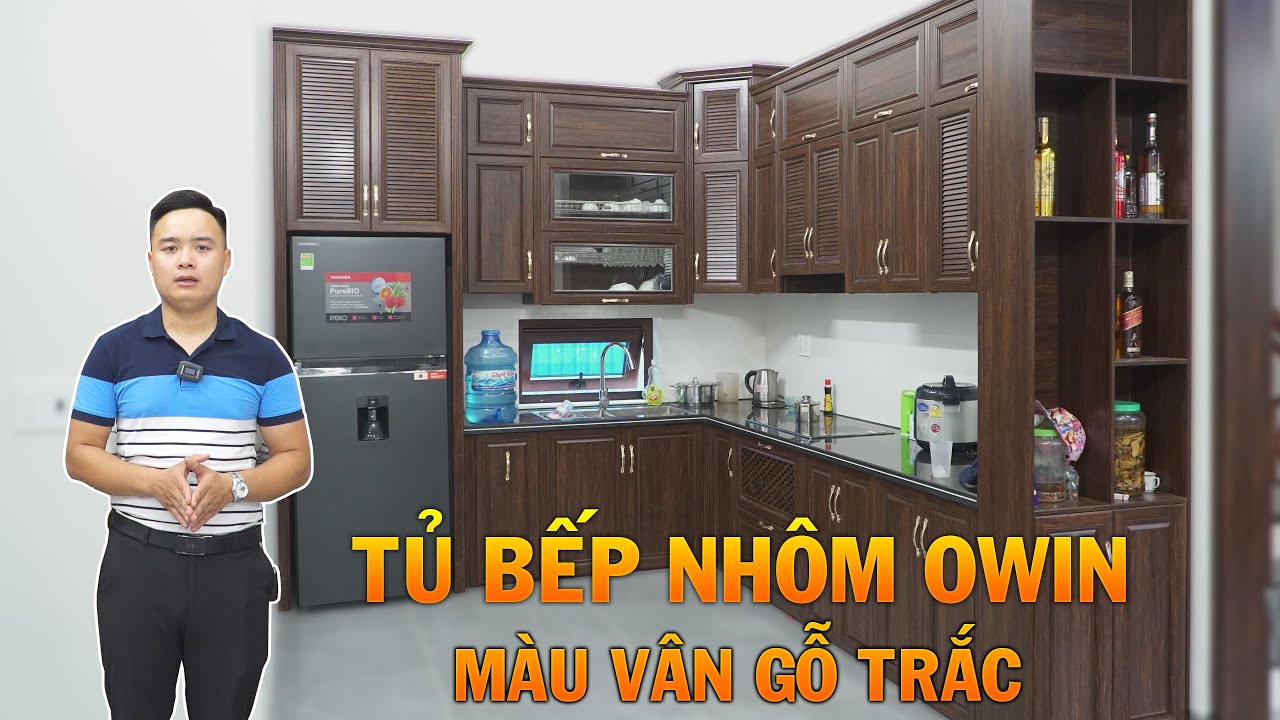 Mẫu tủ bếp nhôm OWIN màu vân GỖ TRẮC đẹp || nhôm owin | owin