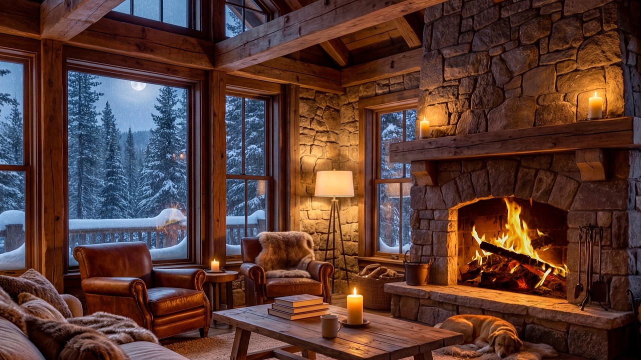 Fireplace Ambience 4K 🔥 Cozy Snowy Cabin Night | Crackling Fire Sounds, Relaxing Winter Atmosphere