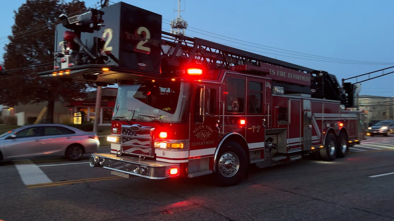 Niles Fire Department Engine 2, Ambulance 2, & Tower 2 Responding To A Gas Leak