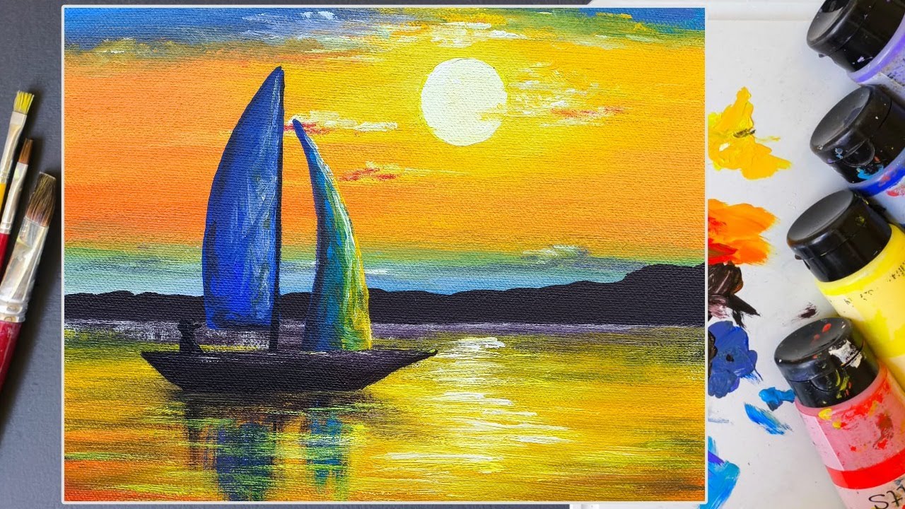 PINTURA PÔR DO SOL COM BARCO A VELA - Pintura de paisagem em tela tutorial passo a passo