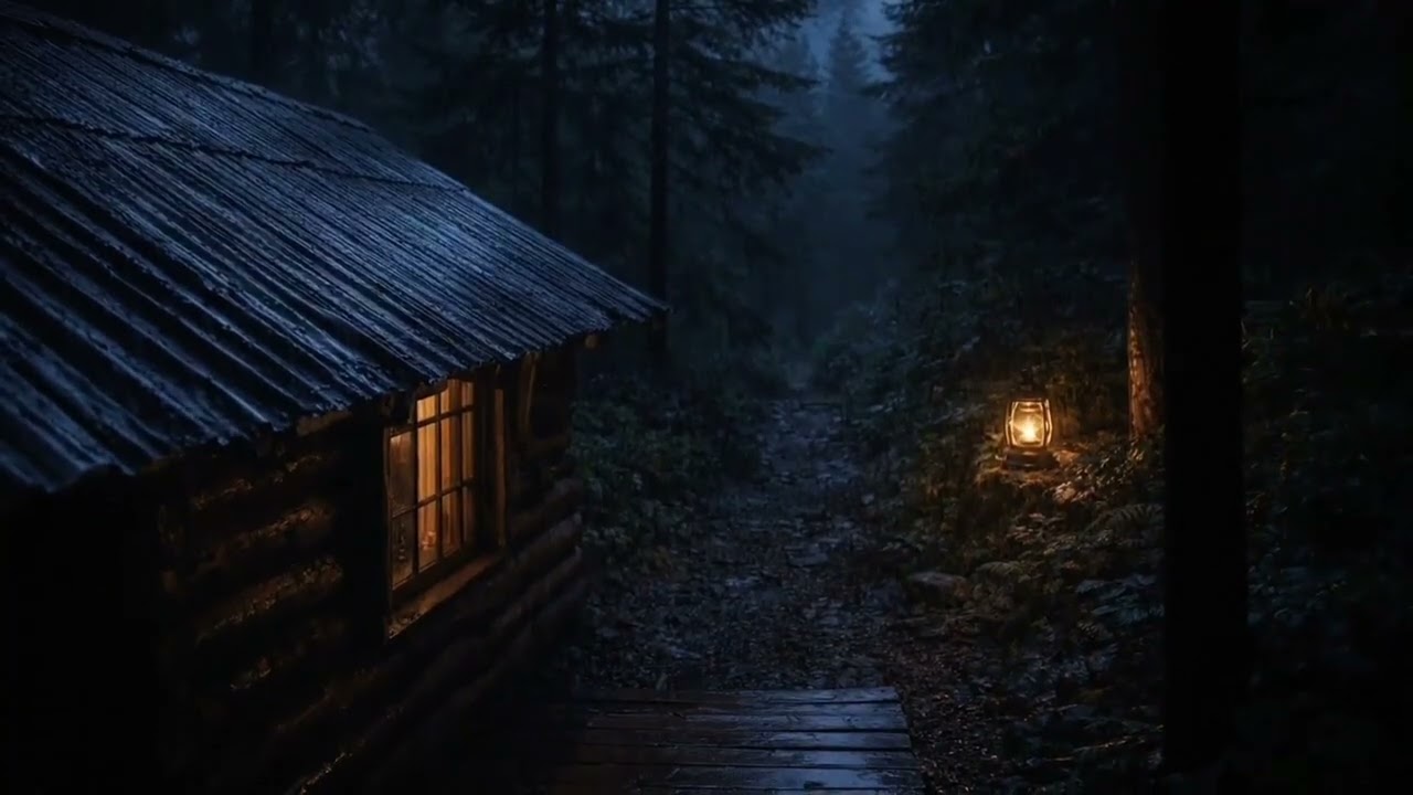 Rainy Forest Cabin Path at Night | Cozy Lantern Ambience | 4 Hours