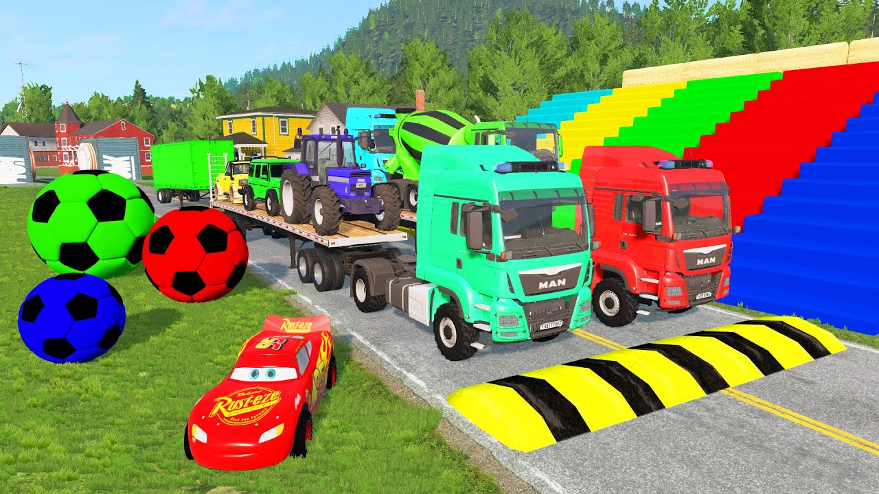 Flatbed Trailer McQueen Transportation with Truck - Speedbumps vs Cars vs Train - BeamNG.Drive #9