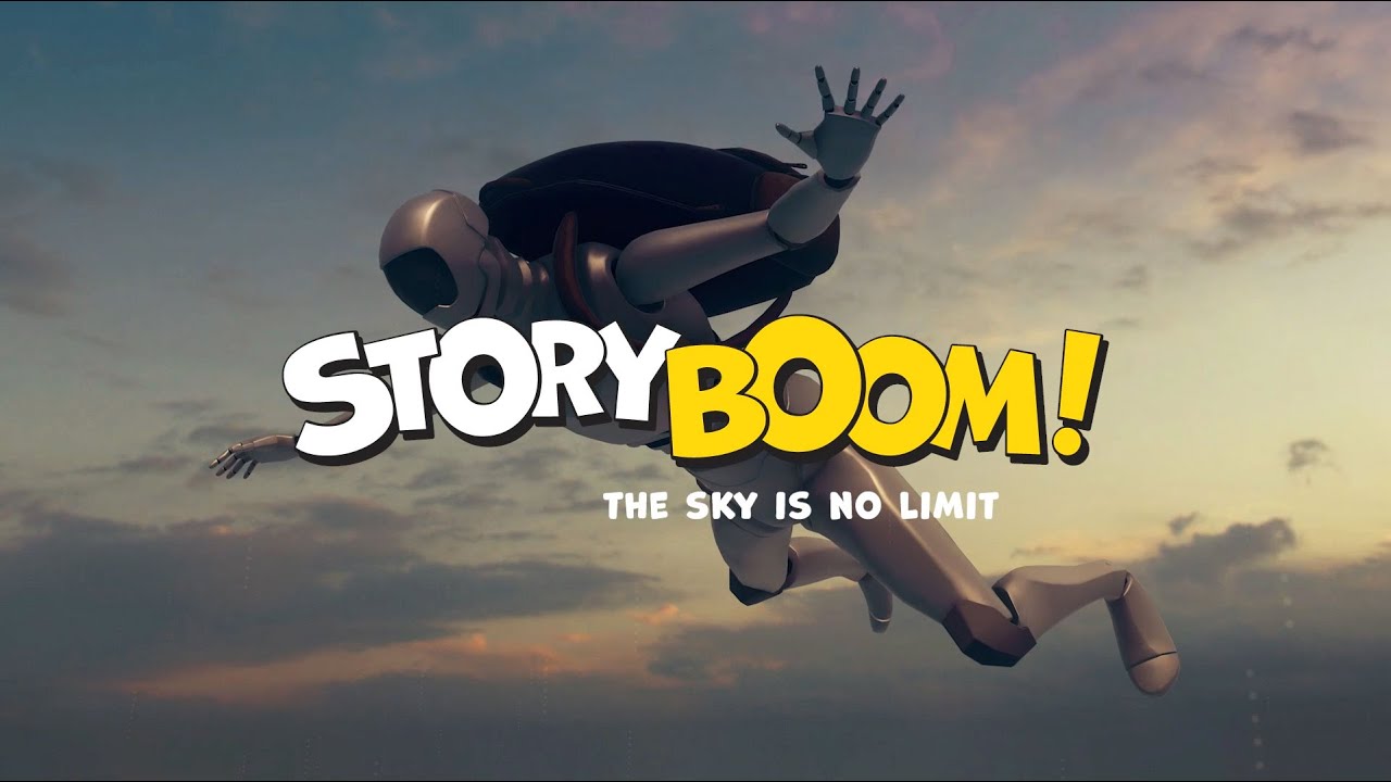 StoryBoom Logo Opening with Skydiving Robot