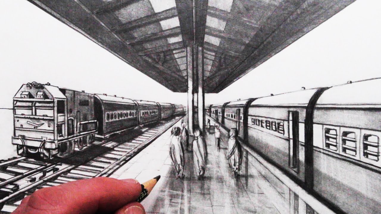 How to Draw 1-Point Perspective: Train Tracks, Train and Platform: Narrated